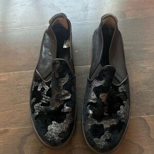 Black and Silver Slip-Ons with Shiny Camo Material